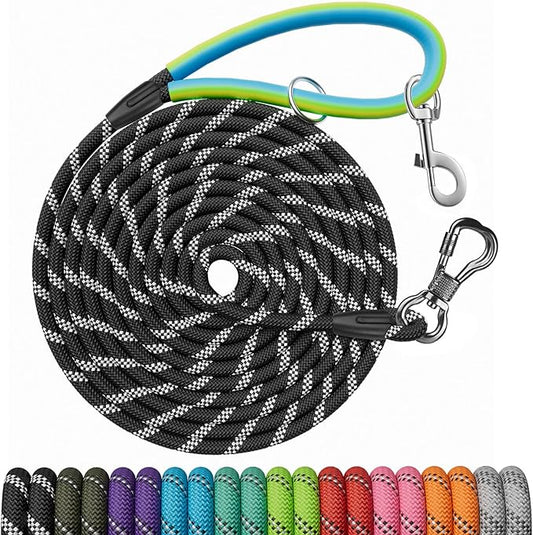 Long Dog Leash for Training 10FT/15FT/20FT/30FT/40FT/50FT/100FT, Reflective Leash with 2 Hooks, Heavy Duty Dog Lead for Large Medium Small Dogs Outside Walking, Camping, or Yard，Black 10FT