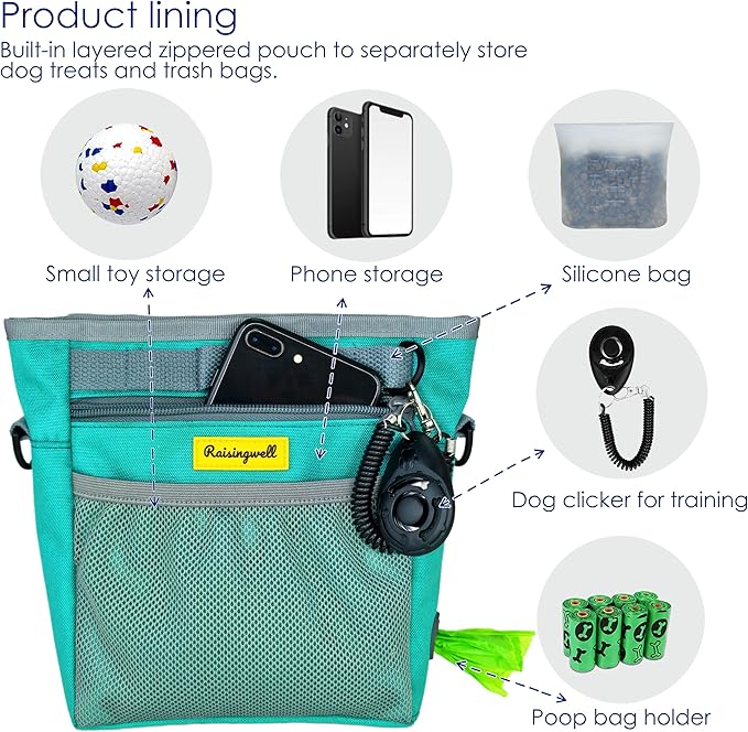 Dog Treat Pouch with Magnetic Closure 4-Cup Silicone Bag Fanny Pack Holder with Clicker 4 Ways to Wear Front Pocket Fits All Phones Ideal for Leash, Pet Walking and Training（Green）