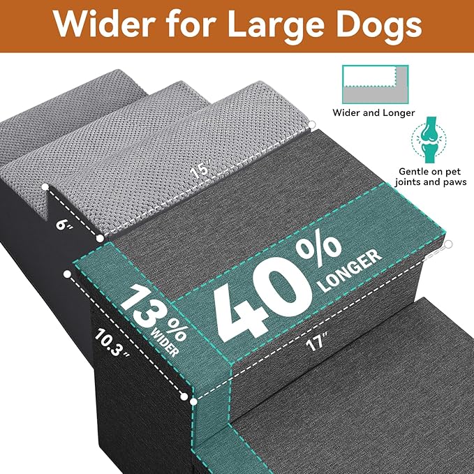 Dog Stairs with Storage 18" H, 3-Step Wider Dog Steps for Small/Medium/Large Old Dogs Cats, Folding Sturdy Pet Stairs Climbing Bed Couch, Ramp for Car Hold Up to 200 lbs (Dark Grey, No Condo)