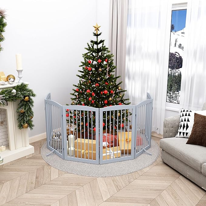 Freestanding Pet Gate for Dogs, Indoor Wooden Foldable Dog Gate for House, Extra Wide, Pet Fence for Stairs, Doorways, Halls, Support Feet Included, 120 Inch Wide, 6 Panels 32",Grey