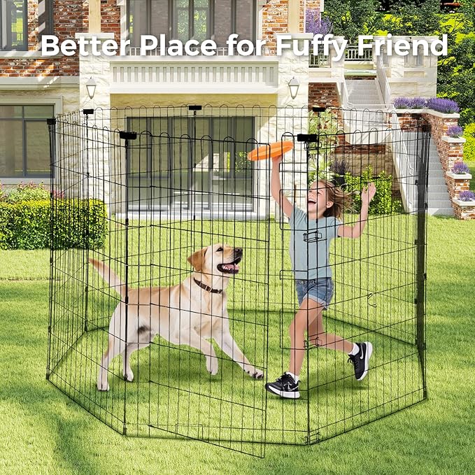 Foldable Dog Playpen 48" Height 8 Panels Metal Exercise Pen No Door - Indoor/Outdoor Dog Play Pen for Medium-Large Dogs, Portable Pet Fence for Yard Garden Camping, Black
