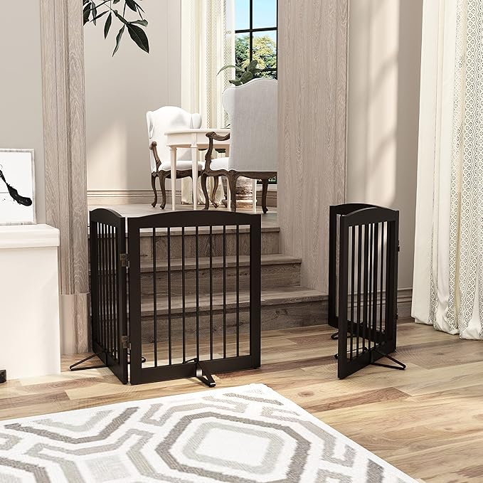 Freestanding Pet Gate for Dogs, Foldable Wooden Dog Gate for House, Indoor Pet Barrier for Stairs, Doorways, Support Feet Included, 24" Height 2 Panels, Brown