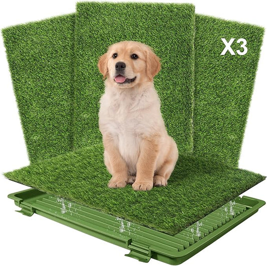 Dog Grass Pad with Tray: 3 Pack Grass Pee Pads for Dogs Potty for Puppy Training, Artificial Turf for Dogs with Collection Tray for Indoor /Outdoor /Patio /Balcony, 22"x18" Green