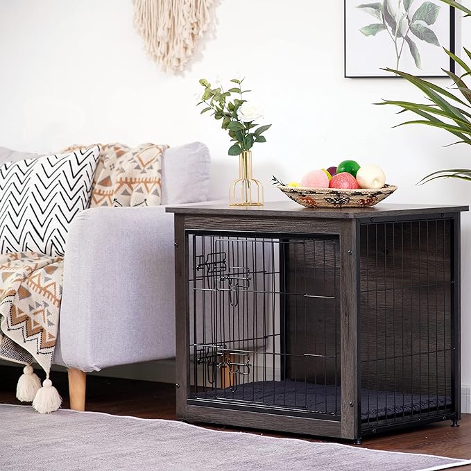 DWANTON Dog Crate Furniture with Cushion, Wooden Kennel Table with Double Doors, Indoor Dog House, Small/Medium/Large/Extra Large Size, 27.2" L, Dark Gray