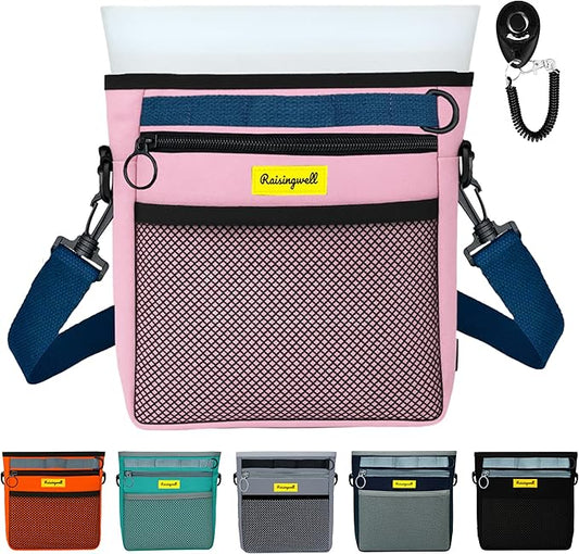 Dog Treat Pouch with Magnetic Closure 4-Cup Silicone Bag Fanny Pack Holder with Clicker 4 Ways to Wear Front Pocket Fits All Phones Ideal for Leash, Pet Walking and Training（Pink）