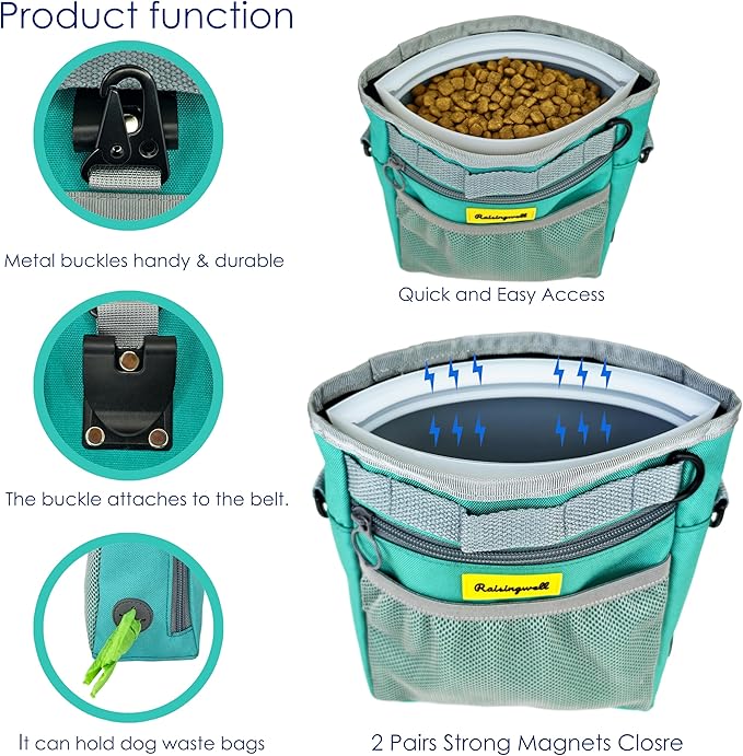 Dog Treat Pouch with Magnetic Closure 4-Cup Silicone Bag Fanny Pack Holder with Clicker 4 Ways to Wear Front Pocket Fits All Phones Ideal for Leash, Pet Walking and Training（Green）