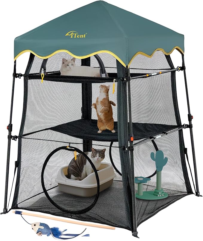 Extra Large Catio Outdoor Cat Enclosure,3 Tier Cat Tower Tent Weatherproof & Sunproof with 3 Doors, Foladable and Portable for Patio, Deck,Camping, Indoor & Outdoor(Patented)-Wave Shade
