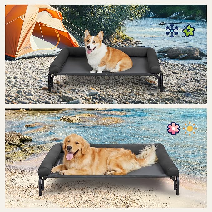 Easy Assemble Elevated Dog Bed - Cooling Outdoor Cot with Bolster, Washable Raised Bed with Durable Breathable Teslin Mesh, Non-Slip Feet - Deep Grey, M