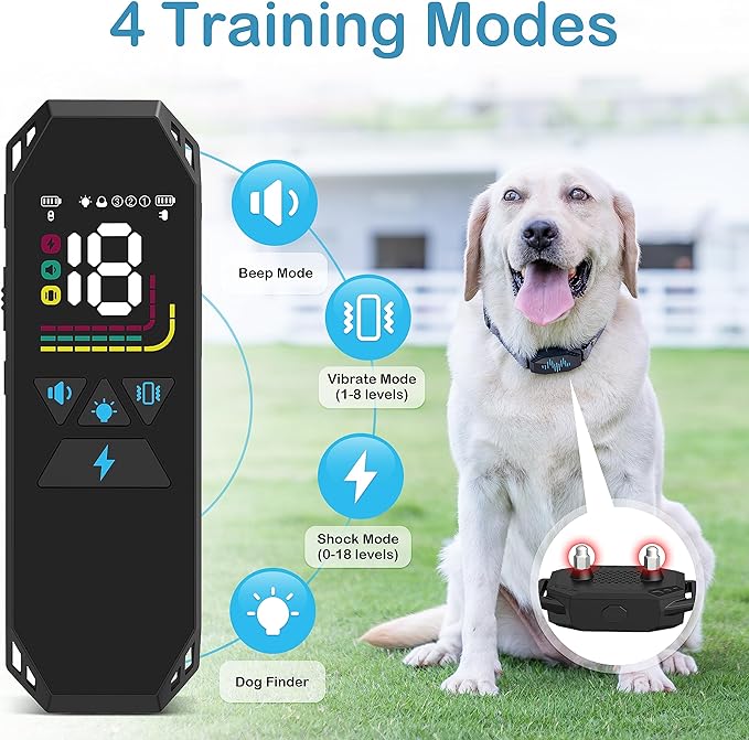 Dog Training Collar, Dog Shock Collar with Remote Control, 2500FT and 4 Training Modes Beep, Vibration, Electric Shock, IP67 Waterproof Rechargeable E-Collar for All Breed