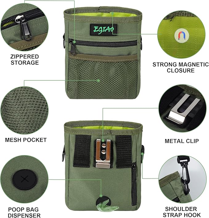 Dog Treat Pouch with Collapsible Dog Bowl, Training Clicker and Poop Bags, Treat Pouches for Pet Training, Magnetic Closure, Built-in Poop Bag Dispenser, Waist Belt Clip, Puppy Treat Bag - Green