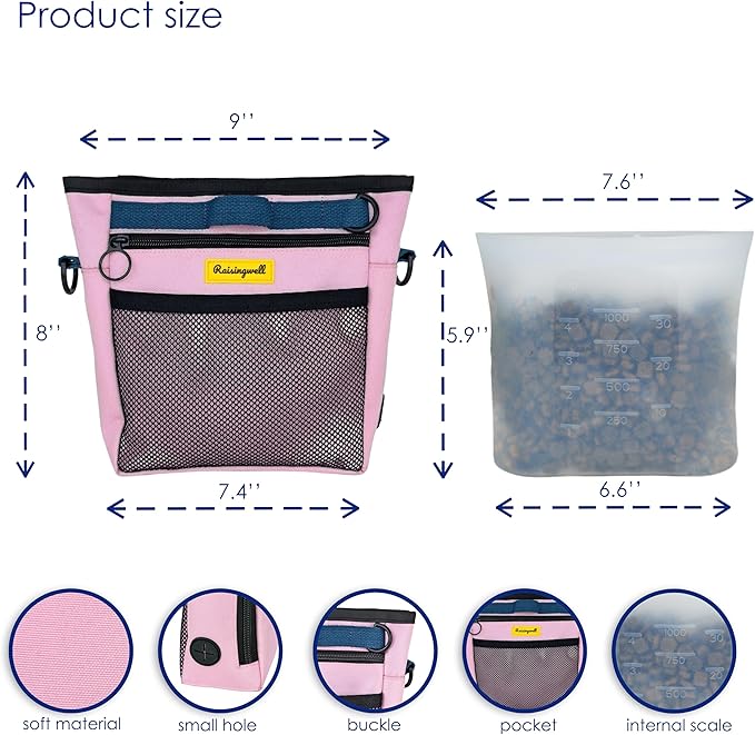 Dog Treat Pouch with Magnetic Closure 4-Cup Silicone Bag Fanny Pack Holder with Clicker 4 Ways to Wear Front Pocket Fits All Phones Ideal for Leash, Pet Walking and Training（Pink）