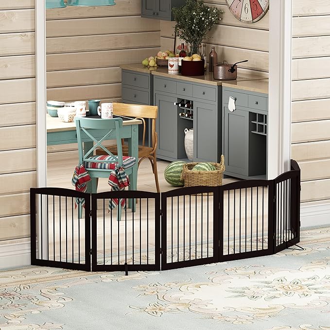 Freestanding Pet Gate for Dogs, Foldable Wooden Dog Gate for House, Extra Wide Indoor Pet Barrier for Stair, Doorway, Hall, Support Feet Included, 120 Inch Wide, 6 Panels 24", Brown