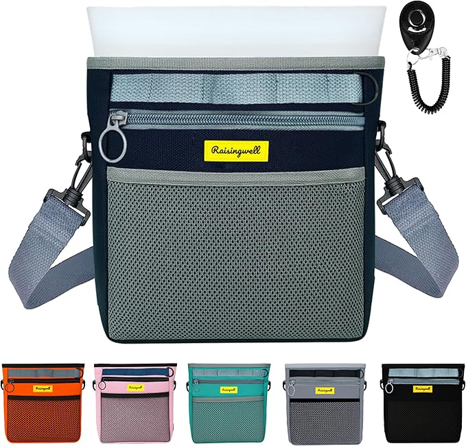 Dog Treat Pouch with Magnetic Closure 4-Cup Silicone Bag Fanny Pack Holder with Clicker 4 Ways to Wear Front Pocket Fits All Phones Ideal for Leash, Pet Walking and Training（Blue）