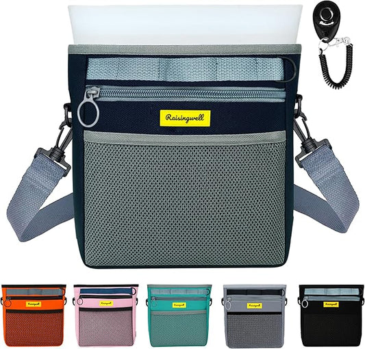 Dog Treat Pouch with Magnetic Closure 4-Cup Silicone Bag Fanny Pack Holder with Clicker 4 Ways to Wear Front Pocket Fits All Phones Ideal for Leash, Pet Walking and Training（Blue）