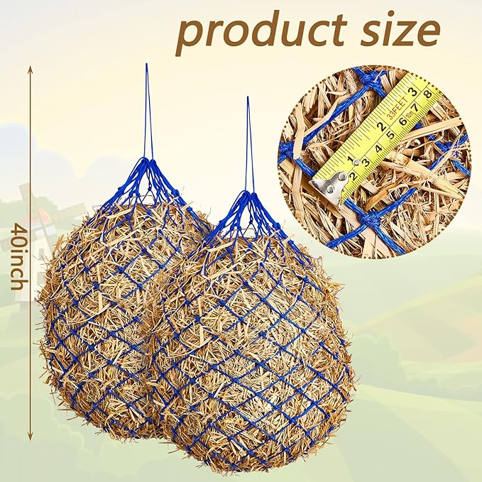 Fabbay 4 Pcs Slow Feed Hay Net Feeder Hay Bag for Horses Slow Feeder 40 Inch Length with 2 Inch Holes Hanging Horse Feed Net for Goat Cattle Equine Stalls Barn Supplies(Blue)
