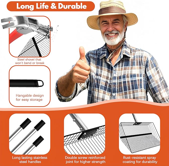 15inch Large Chicken Poop Scooper, 2 Slot Widths (0.16"&0.28"), 39" to 76" Adjustable Stainless Steel Handle, Sifting Litter Shovel for Chicken Coop/Stables/Farm Cleaning(with Effortless Grip)