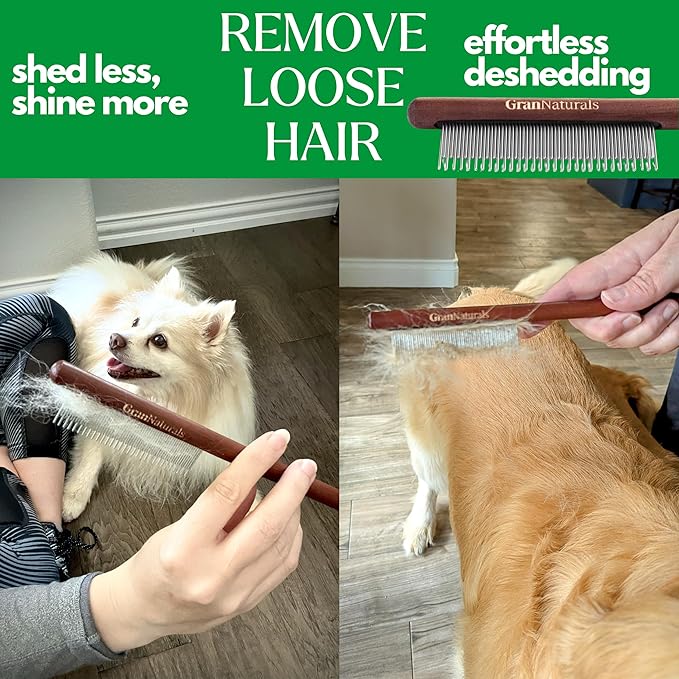 GranNaturals Wooden & Metal Pet Comb for Detangling Hair, Grooming Fur, Dematting for Large and Small Dogs, Long & Short Haired Cats