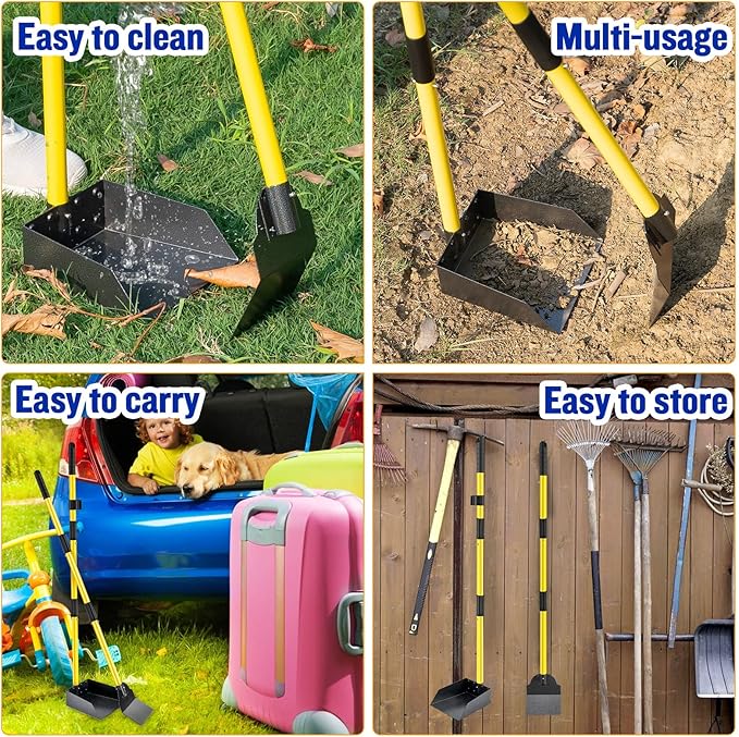 Dog Pooper Scooper,Tray and Spade Set Poop Scooper for Dogs, Adjustable Long Handle Metal Pooper Scooper with Bin for Pet Waste Removal, No Bending Clean Up for Medium and Large Dogs
