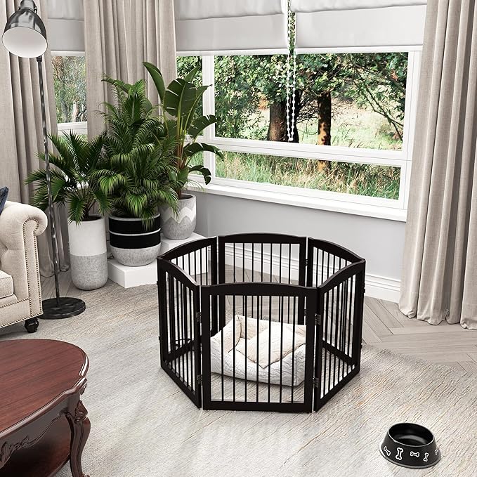 Freestanding Pet Gate for Dogs, Foldable Wooden Dog Gate for House, Extra Wide Indoor Pet Barrier for Stair, Doorway, Hall, Support Feet Included, 120 Inch Wide, 6 Panels 24", Brown
