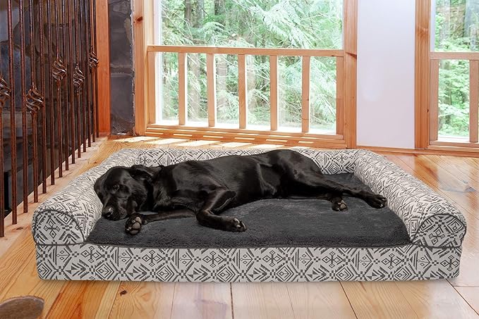 Furhaven Orthopedic Dog Bed for Large Dogs w/ Removable Bolsters & Washable Cover, For Dogs Up to 125 lbs - Plush & Southwest Kilim Woven Decor Sofa - Boulder Gray, Jumbo Plus/XXL