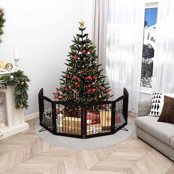 Freestanding Pet Gate for Dogs, Foldable Wooden Dog Gate for House, Extra Wide Indoor Pet Barrier for Stair, Doorway, Hall, Support Feet Included, 120 Inch Wide, 6 Panels 24", Brown