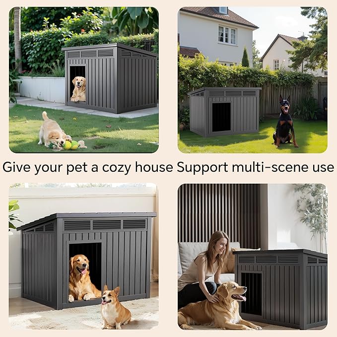 Dog House Indoor Outdoor,Resin Waterproof Puppy Shelter with Air Vents and Elevated Floor,Air Rod on Top to Open,Dog Kennel for Small to Medium Dogs(Black,32.2 * 25.12 * 24.13)