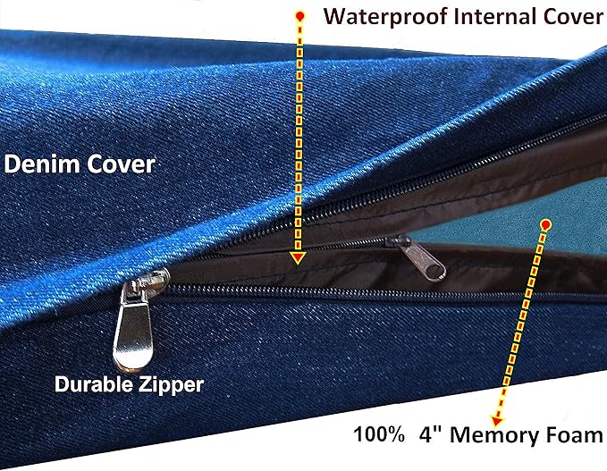 Dogbed4less Premium Orthopedic Memory Foam Dog Bed for Medium Large Dogs, Washable Durable Denim Cover, Waterproof and Extra External Pet Bed Case 37"X27"X4"