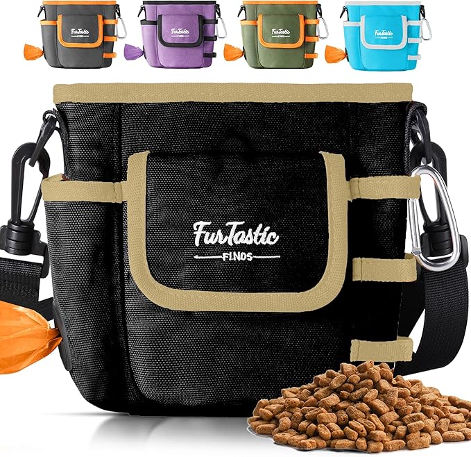 Dog Treat Pouch with Quick-Release Magnetic Closure, 3-Way Wear Treat Bags, 900D Waterproof Fabric, 4 Storage Spaces, Treat Pouch for Pet Training Walking (Black)