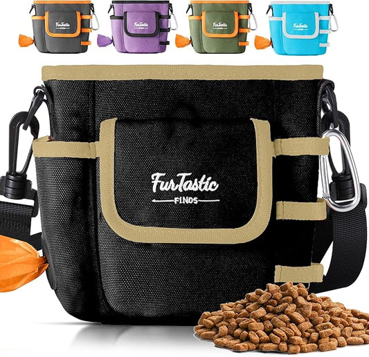 Dog Treat Pouch with Quick-Release Magnetic Closure, 3-Way Wear Treat Bags, 900D Waterproof Fabric, 4 Storage Spaces, Treat Pouch for Pet Training Walking (Black)