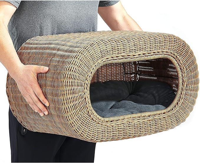 Fun Stackable Wicker Cat Hideaway House - Interactive Play Rattan Cat House for Indoor Cats Kitty, Pet Friendly Top/Side House Entry, Cat Bed Enclosed