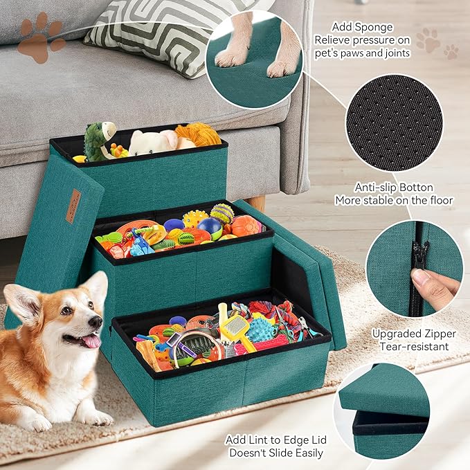 Dog Stairs with Storage 18" H, 3-Step Wider Dog Steps for Small/Medium/Large Old Dogs Cats, Folding Sturdy Pet Stairs for Climbing Bed Couch, Ramp for Car Hold Up to 200 lbs, Dark Green