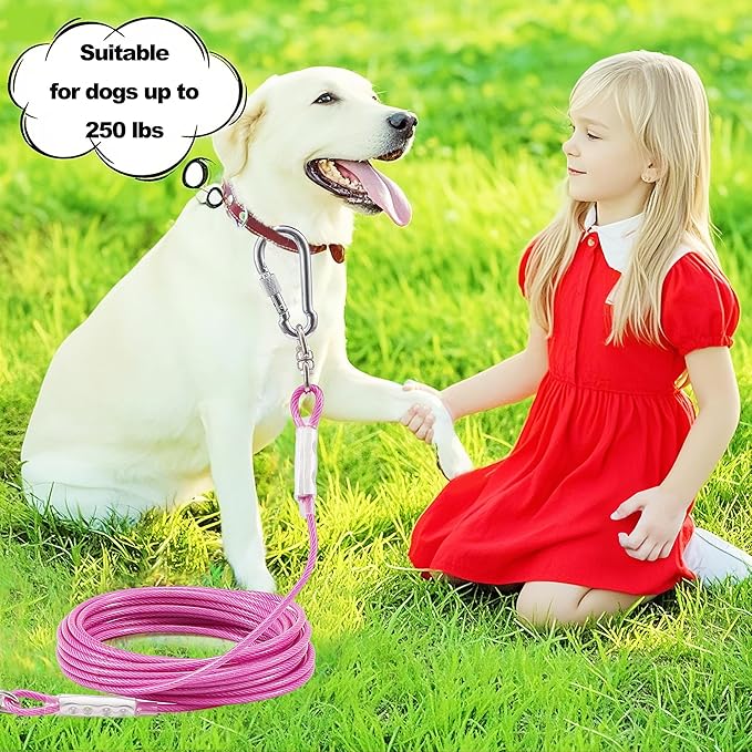 Dog Tie Out Cable for Outside,15FT Long Dog Leash&Chains with Swivel Hook,Small-Large Dogs Runner Cable for Yard,Heavy Duty Dogs Lead Line for Outdoor and Camping (500lbs 15FT, Pink)