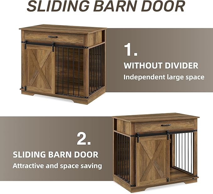 EDYO LIVING 38" Large Dog Crate Furniture with Sliding Barn Door, Wooden Dog Kennel with Drawer for Storage, Water Resistant Indoor Furniture Style Dog Crate for Small/Medium/Large Dog, Rustic Oak