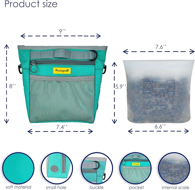 Dog Treat Pouch with Magnetic Closure 4-Cup Silicone Bag Fanny Pack Holder with Clicker 4 Ways to Wear Front Pocket Fits All Phones Ideal for Leash, Pet Walking and Training（Green）