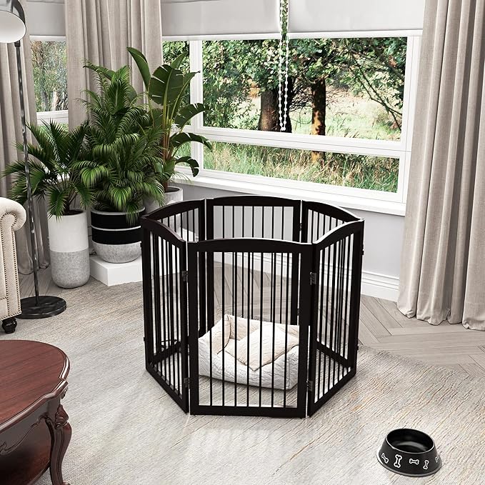 Freestanding Pet Gate for Dogs, Indoor Wooden Foldable Dog Gate for House, Extra Wide, Pet Fence for Stairs, Doorways, Halls, Support Feet Included, 120 Inch Wide, 6 Panels 32",Brown