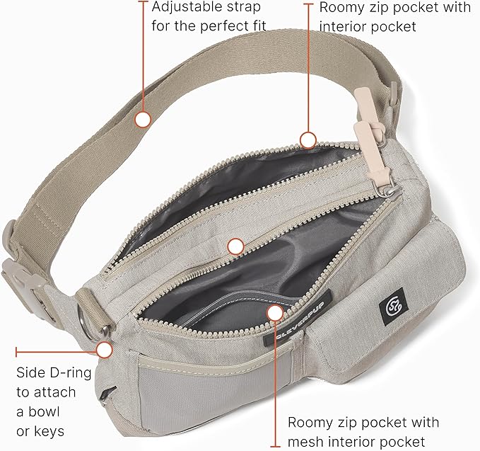Dog Walk & Train Sling Bag - Hands-Free 2-In-1 Treat Pouch, Poop Bag Holder, Clicker, Phone Pocket - Crossbody/Fanny Pack, Adjustable Strap - Sand