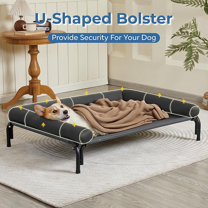 Easy Assemble Elevated Dog Bed - Cooling Outdoor Cot with Bolster, Washable Raised Bed with Durable Breathable Teslin Mesh, Non-Slip Feet - Deep Grey, M