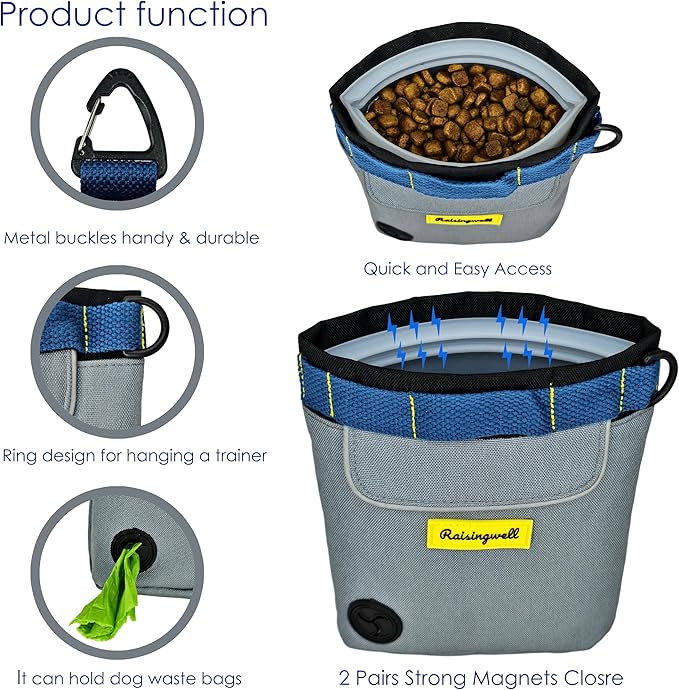 Dog Treat Pouch for Pet Walking and Training with Clicker 2 Cup Silicone Bag Small Fanny Pack Holder for Puppy Snack Dispenser Kit for Leash and Outdoor Use (Gray)