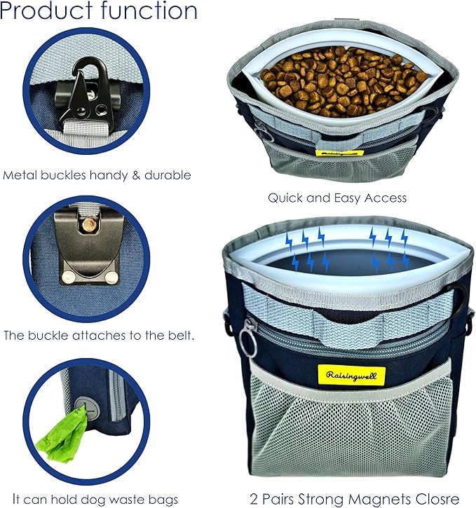 Dog Treat Pouch with Magnetic Closure 4-Cup Silicone Bag Fanny Pack Holder with Clicker 4 Ways to Wear Front Pocket Fits All Phones Ideal for Leash, Pet Walking and Training（Blue）