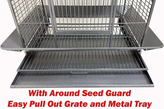 Extra Large Elegant and Durable Wrought Iron Climbing Ladder Perch Stand Play Top Ground Bird Parrot Metal Cage Around Seed Guard Storage Shelf with Heavy Duty Lockable Rolling Wheels