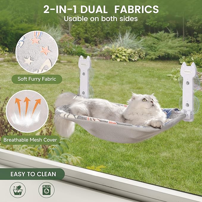 2 Pack Cat Window Perch, Glow in The Dark Foldable Cat Hammock with Sunken Design & Removable Soft Cover, Breathable Cordless Window Bed for Resting Indoor Kitten (Shallow Perch, 2 Pack - L)