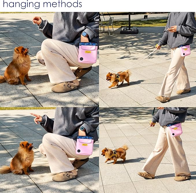 Dog Treat Pouch for Pet Walking and Training with Clicker 2 Cup Silicone Bag Small Fanny Pack Holder for Puppy Snack Dispenser Kit for Leash and Outdoor Use (Pink)